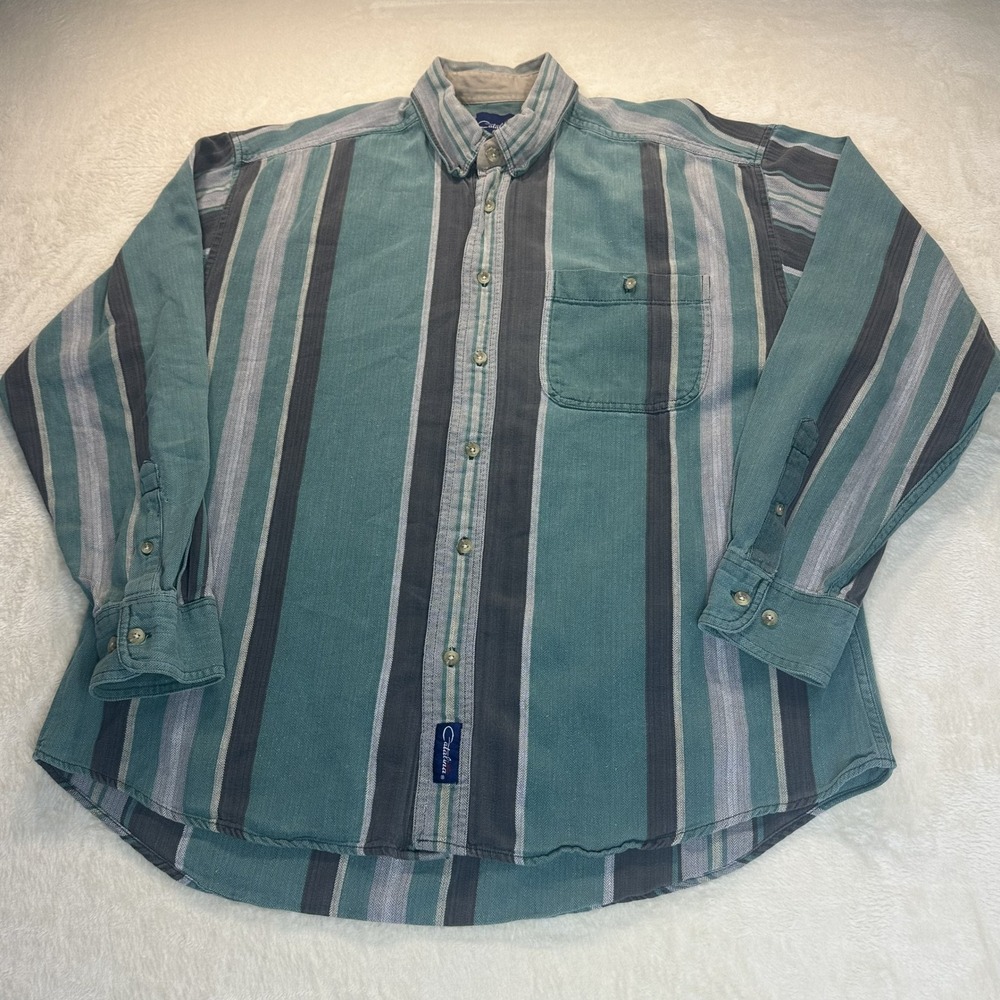 Vintage Catalina Mens Large Teal Grey Striped Cotton Long Sleeve Button Down